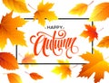 Autumn calligraphy. Background of Fall leaves. Concept leaflet, flyer, poster advertising. Vector illustration