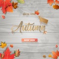 Autumn calligraphy sale background wood texture layout decorate with leaves for shopping sale or promo poster and frame leaflet