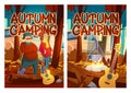 Autumn camping cartoon posters, touristic vacation