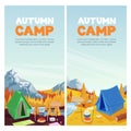 Autumn camping in mountains valley, vector banner, poster design template. Adventures, travel and eco tourism concept. Royalty Free Stock Photo