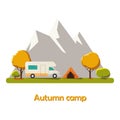 Autumn Camping vector flat illustration landscape, hiking, outdoor recreation concept with flat camping travel. Travel tourism res