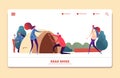 Autumn camping vector landing page. People relaxing in autumn forest web template