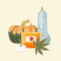 Autumn candle pumpkin and leaf decor. Cozy fall thanksgiving halloween cute illustration isolated on beige background Royalty Free Stock Photo