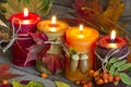 Autumn candles with leaves vintage abstract still life Royalty Free Stock Photo