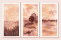 Autumn canvas wall art tryptich. Beige, yellow, brown, warm colors. Soft calm landscape with field, trees, sky