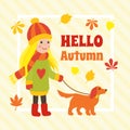Autumn card with cute cartoon girl walking a dog Royalty Free Stock Photo