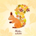 Autumn card with cute watercolor squirrel