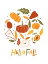 Autumn card. Hello Fall hand drawn lettering with apple, pear, pumpkin, leaves, plum on white background. Vector harvest Royalty Free Stock Photo