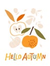 Autumn card. Hello Autumn hand drawn lettering with apples on white background. Vector harvest, Autumn and Thanksgiving Royalty Free Stock Photo