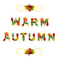 Autumn card. Warm autumn. Beautiful letters composed of beautiful red, yellow, green and orange fall leaves.