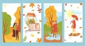 Autumn cards set, autumnal leaves and trees with loving cople, vector illustration. Vintage cards with girl under