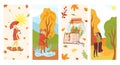 Autumn cards set, autumnal leaves and trees with loving cople, vector illustration. Vintage cards with girl under