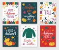 Autumn cards set with quotes, pumpkins, leaves and sweater. Hand drawn fall vector greeting cards illustrations. Pumpkin spice and Royalty Free Stock Photo