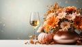 Autumn celebration fresh flowers, wine, and pumpkin decoration generated by AI Royalty Free Stock Photo
