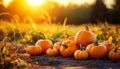Autumn celebration pumpkin lanterns glow in spooky November sunset generated by AI Royalty Free Stock Photo