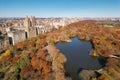 Autumn Central Park with downtown skyscrapers view from drone. Aerial of NY City Manhattan Central Park panorama in Royalty Free Stock Photo