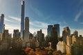 Autumn Central Park in New York with skyscrapers view from drone. Aerial of NYC Central Park panorama in Autumn. Autumn Royalty Free Stock Photo