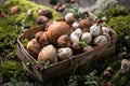 Autumn Cep Mushrooms. Ceps Boletus edulis over Wooden Background with moss, close up. Gourmet food