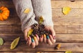 Autumn Chic. Cozy Knits and Trendy Nails. Rustic wooden background. Fall vibes