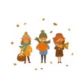 Autumn children boy and girls with apple baskets, dry fall leaves and pumpkin isolated vector illustration scene