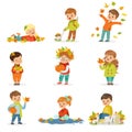 Autumn children s outdoor seasonal activities set. Collecting leaves, playing and throwing leaves, picking mushrooms