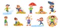 Autumn children walking. Kids play leaves and stand with umbrella. Colorful cartoon little characters gathering leaf