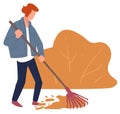 Autumn chores, character raking dry leaves cleaning yard