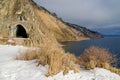 Autumn Circum-Baikal Railway with snow on south lake Baikal Royalty Free Stock Photo