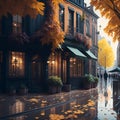 An autumn city in a afternoon with wet street, cafe, store, tree, falling leaves, romantic athmosphere, printable, 8k