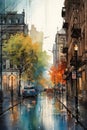Autumn in the City: A Breathtaking Scene of Rain, Cars, and Colo