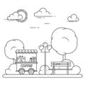 Autumn city landscape with bench, coffee truck in central park. Vector illustration. Line art.