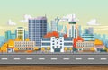 Autumn city landscape in flat design. Skyscrapers, bus stop, road, trees and city buildings. Seamless city landscape background.