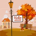 Autumn city park alley road, footpath. Lantern witn banner Hello Autumn, Rural fall view Royalty Free Stock Photo