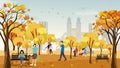 Autumn in city park with happy people having fun, family walking the dog,boy talking on phone, man reading news paper and a girl Royalty Free Stock Photo