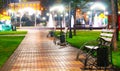 Autumn city park at night, trees with yellow leaves, street lights and benches Royalty Free Stock Photo