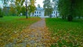 Autumn city park. Path covered with fallen yellow and orange maple leaves. Problem of cleanliness and garbage collection. Comforta Royalty Free Stock Photo