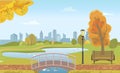 Autumn City Park with Pond and Ducks under Bridge Royalty Free Stock Photo