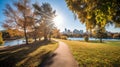 Autumn City Park - A sunny autumn afternoon view of a quiet running trail winding in a city park