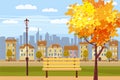 Autumn landscape in the park, city, houses, panorama, autumnal mood, wooden bench, falling leaves, cartoon style, vector Royalty Free Stock Photo