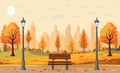 Autumn city park with town building background. Autumn panoramic landscape colorful vector background. Royalty Free Stock Photo