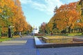 Autumn in city park. Yellow trees in city in fall. People walk in autumn park