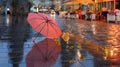 Autumn city street rain drops on  cafe table yellow leaves pink umbrella  on pavement in Tallinn old town Royalty Free Stock Photo