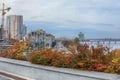 autumn city view. autumn colored trees and river