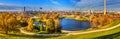 Autumn cityscape, panorama, banner - view of the Olympiapark or Olympic Park and Olympic Lake in Munich