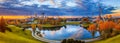 Autumn cityscape, panorama, banner - view of the Olympiapark or Olympic Park located in the Oberwiesenfeld neighborhood of Munich