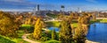 Autumn cityscape, panorama, banner - view of the Olympiapark or Olympic Park and Olympic Lake in Munich