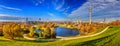 Autumn cityscape, panorama, banner - view of the Olympiapark and Olympic Lake in Munich