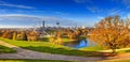 Autumn cityscape, panorama, banner - view of the Olympiapark or Olympic Park and Olympic Lake in Munich