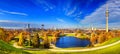 Autumn cityscape, panorama, banner - view of the Olympiapark or Olympic Park and Olympic Lake in Munich