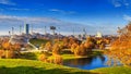 Autumn cityscape - view of the Olympiapark or Olympic Park and Olympic Lake in Munich
